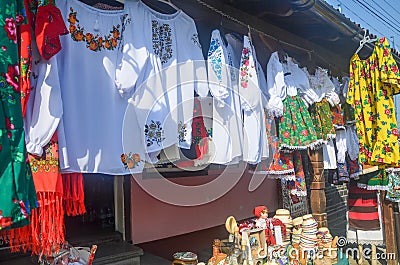 Display of traditional Romanian textiles Editorial Stock Photo