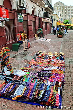 Display of traditional textile at the street market in Montevideo, Uruguay Editorial Stock Photo