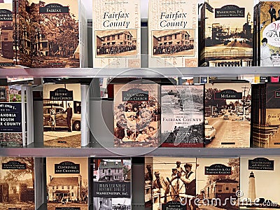 Display of various history books of Northern Virginia towns and areas, including Editorial Stock Photo