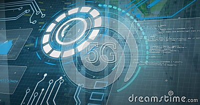 Displaying futuristic 5G interface on city skyline, with circular HUD graphic and code snippets Stock Photo