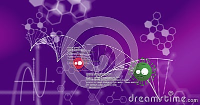 Displaying two cartoon viruses floating along white wireframe helix in lab, with code snippets Stock Photo