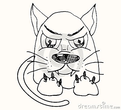 Displeased and angry cat character drawn with marker. Cartoon character, imitation of a childs drawing Vector Illustration