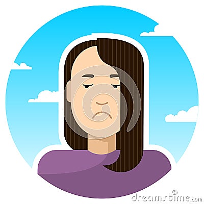 Displeased, angry, grumpy, offended girl looks down; round icon on a background of sky and clouds. Stock Photo