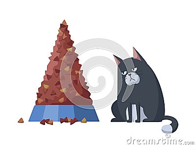 Displeased black cat refuses full bowl of cat food. Healthy and proper food for cats. Isolated on white background Vector Illustration