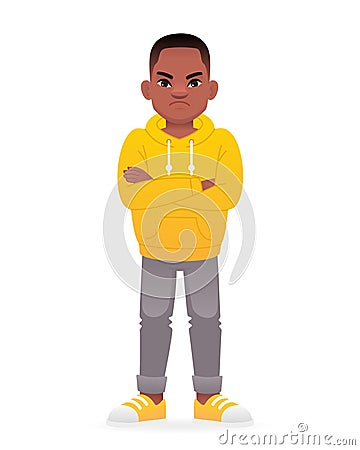 Displeased black little boy stands with his arms crossed. Cute african school kid in yellow hoodie Vector Illustration