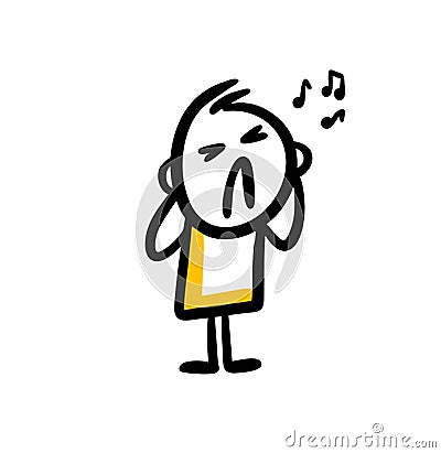 Displeased cartoon man closing his ears of bad music sound. Vector Illustration