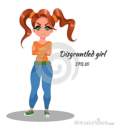 Displeased girl. Angry girl in jeans and an orange T-shirt. Cartoon style Vector Illustration