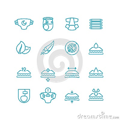 Disposable baby diaper and characteristics line icons. Absorbent hygiene products for infant with incontinence vector Vector Illustration
