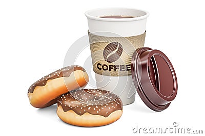 Disposable cup of coffee with chocolate donuts, 3D rendering Stock Photo