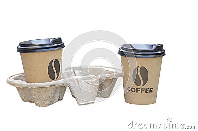 2 disposable cups with cup holder isolated on a white background. brown paper cups with the inscription coffee Stock Photo