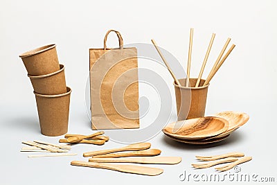 Disposable cups, plates and kitchen utensils Stock Photo