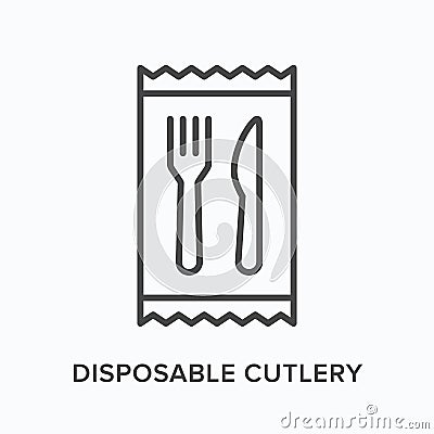 Disposable cutlery flat line icon. Vector outline illustration of fork and knife. Black thin linear pictogram for Vector Illustration