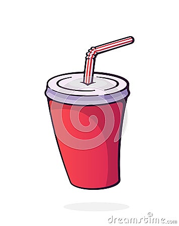Disposable paper cup with soda and straw. Glass with carbonated cold drink. Film industry and fast food symbol Vector Illustration