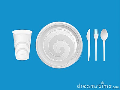 Disposable plastic dishes. Glass, knife, fork, spoon on a blue background. Vector illustration. Stock Photo