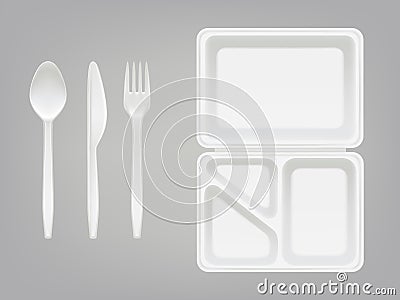 Disposable plastic lunchbox and cutlery vector illustration of plate, spoon, knife or fork isolated 3D realistic Vector Illustration