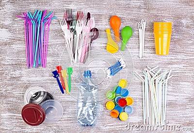 Disposable single use plastic objects that cause pollution of the environment, especially oceans Stock Photo