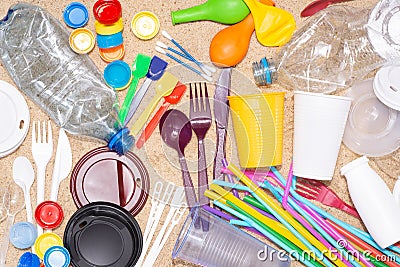 Disposable single use plastic objects that cause pollution of the environment, especially oceans Stock Photo