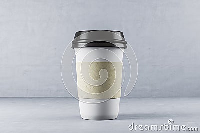 Disposable white paper cup of coffee on table Stock Photo