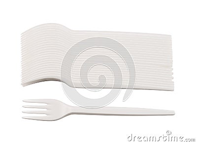 Disposable white plastic forks isolated Stock Photo