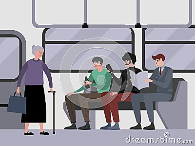 Disrespect to pensioners, grandmother. Young guys do not give way to public transport. Indifference. In minimalist style Vector Illustration