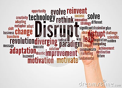 Disrupt word cloud and hand with marker concept Stock Photo