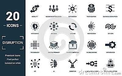 Disruption icon set. Monochrome sign collection with innovation, big data, change, digitization and over icons Vector Illustration