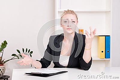 Dissatisfied employer woman during interview at office Stock Photo