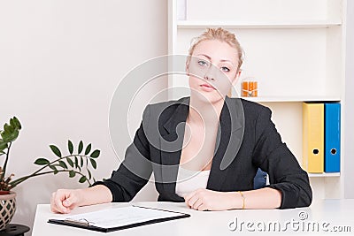 Dissatisfied employer woman during interview at office Stock Photo