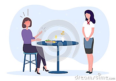 Dissatisfied female restaurant visitor screams at waiter girl Vector Illustration