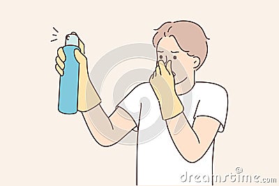 Dissatisfied man with spray to remove unpleasant odors covers nose with hand spraying freshener Vector Illustration