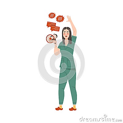 Dissatisfied Woman Medical Worker Protesting Holding Megaphone Defending Her Rights Vector Illustration Vector Illustration