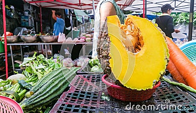 Dissected pumpkin in fresh market BANGKOK Editorial Stock Photo