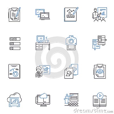 Dissertation line icons collection. Research, Thesis, Writing, Analysis, Literature review, Methodology, Proposal vector Vector Illustration