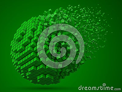 Dissolving spherical data block. made with green cubes. 3d pixel style vector illustration. Vector Illustration