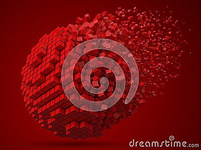 Dissolving spherical data block. made with red cubes. 3d pixel style vector illustration. Vector Illustration