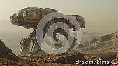 In the distance the colossal robotic vehicle looms over a jagged landscape hinting at the vastness of its capabilities Stock Photo