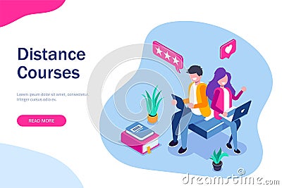 Distance courses isometric concept. e-Learning illustration for web. Man and Woman leave feedback about the training Vector Illustration