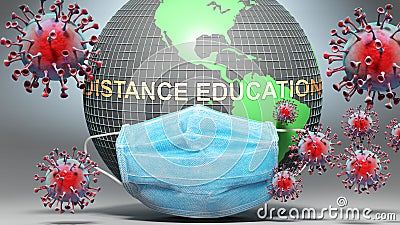 Distance education and covid - Earth globe protected with a blue mask against attacking corona viruses to show the relation Cartoon Illustration