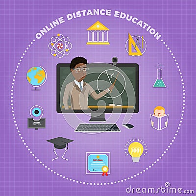 Distance education, learning. The student listens to the lecture Vector Illustration