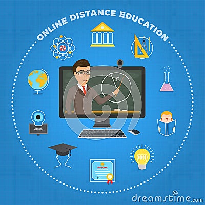 Distance education, learning. The student listens to the lecture Vector Illustration