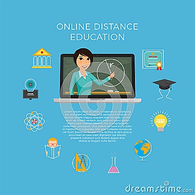 Distance education, learning. The student listens to the lecture Vector Illustration