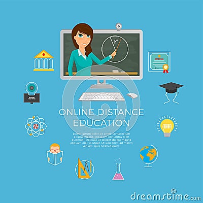 Distance education, learning. The student listens to the lecture Vector Illustration