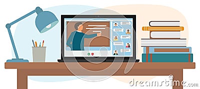 Distance education. Teacher near chalkboard teaching online video lesson. Online lesson concept. Home workplace, laptop and books Vector Illustration