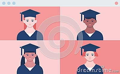 Distance graduation ceremony. Online prom. Four screen of video call with first face POV view Vector Illustration
