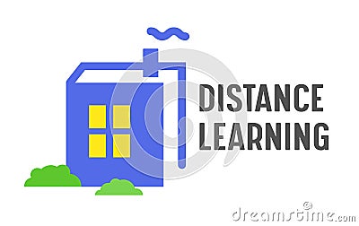 Distance Learning Banner Online Education Courses, Homeschooling Concept. Book in Shape of House with Glowing Window Vector Illustration