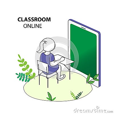 Distance learning of children. Girls sitting at a desk and studying on a tablet. Vector Illustration