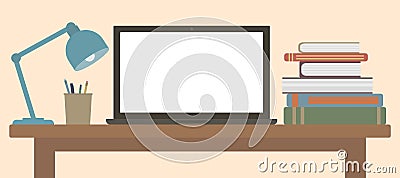 Distance learning at home. On the desk is laptop and desk lamp, stand for pencils and pens, and books. Flat design. Vector Vector Illustration