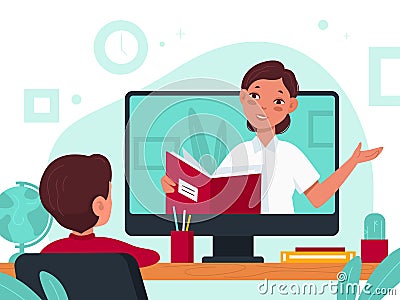 Distance learning. Online education video lesson during covid quarantine, student at desk and teacher on screen distant Vector Illustration