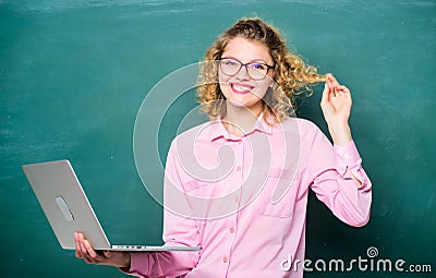 Distance learning. School teacher notebook. Girl surfing internet. School of digital technologies. Modern education Stock Photo