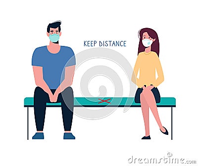 Distance in line to see a doctor. People in medical masks keep their distance on the bench. A socially safe distance Vector Illustration